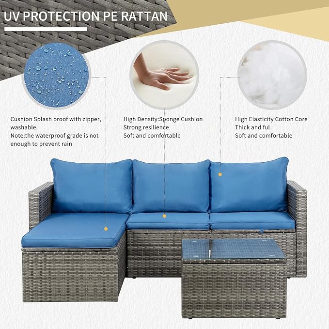 JAMFLY 3-Piece Outdoor Sectional Sofa Set with Glass Coffee Table, All-Weather PE Wicker Patio Furniture with Thick Cushions, Modular Conversation Set for Small Balcony, Deck & Porch, Blue