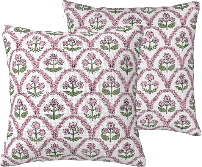 Floral Block Print Pillow Cover 18x18 Inch Set of 2, Boho Farmhouse Waterproof Outdoor Pillows, Spring Decor Throw Pillows for Patio, Summer Garden Decor