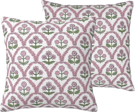 Floral Block Print Pillow Cover 18x18 Inch Set of 2, Boho Farmhouse Waterproof Outdoor Pillows, Spring Decor Throw Pillows for Patio, Summer Garden Decor