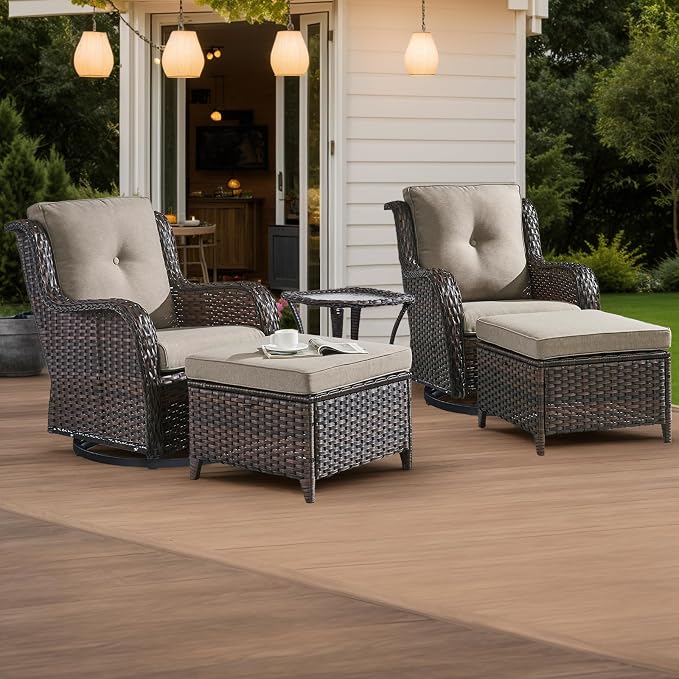 HUMMUH 5 Piece Outdoor Patio Furniture Set Wicker Conversation Bistro Set Swivel Rocking Chairs with Side Table and Ottomans for Backyard, Porch, Balcony