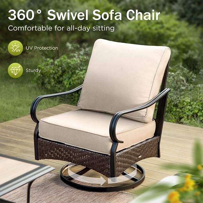 PHI VILLA Outdoor Modern Patio Furniture Set, Upgraded Wicker & Metal Patio Conversation Set with Waterproof Thick Cushions for Porch, Poolside, Yard (5 Pieces,Beige)