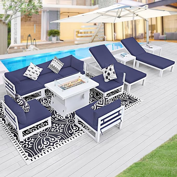 BULEXYARD 11 Pcs Oversized Contemporary Aluminum Patio Furniture Set, All Weather Modular Sectional Sofa with Tanning Chair & Fireplace, 500 lbs Heavy Duty Comfy Outdoor Couch for Beach, Dark Blue