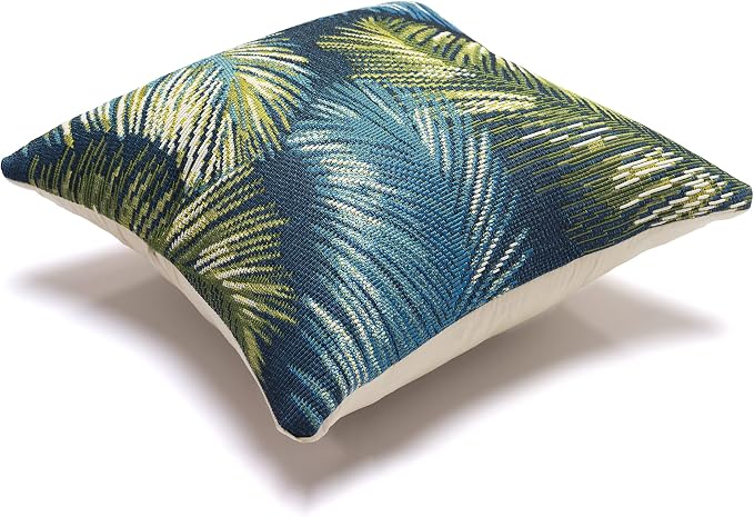Liora Manne MARINA Indoor/Outdoor Power Loomed Easy Care Pillow - Transitional Graphic Botanical Beach Accent (Palm Border Navy) (18" x 18")