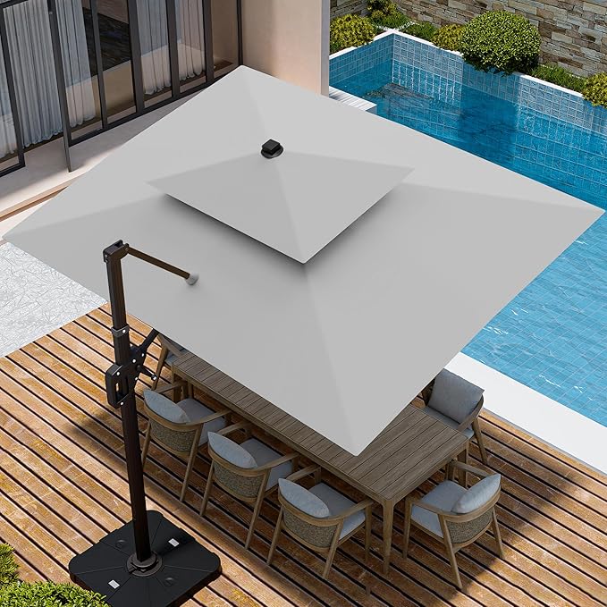 9' X 12' Cantilever Patio Umbrella with Base Included and Led Lights Double Top Rectangular Outdoor Large Offset Umbrellas with 7 Tilts Adjustable 360°Rotation for Deck Pool Garden Backyard, Fog Grey