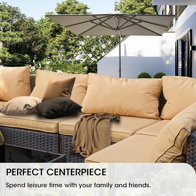 Grezone 15 Piece Patio Furniture Set with 44" Fire Pit Table, Outdoor Sectional Couch, PE Rattan Patio Conversation Sets with 4inch Cushions for Backyard Beige