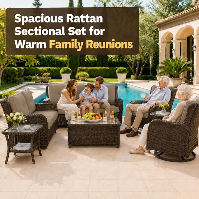 HUMMUH 3-Piece Swivel Rocking Rattan Chair Outdoor, Patio Bistro Furniture Conversation Set,Cushioned Wicker Chair with Glass Coffee Table(Brown, Grey)