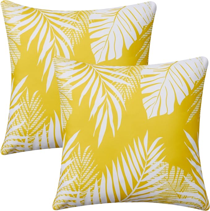 Allorry Outdoor Pillow Covers 20x20 Set of 2 Tropics Palm Leaves Yellow Floral Pattern Decoration Throw Pillow Covers for Outdoor Waterproof Furniture Garden Patio Sofa Bedroom Home Decor JB008-A20