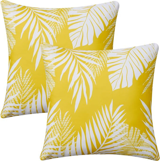 Allorry Outdoor Pillow Covers 20x20 Set of 2 Tropics Palm Leaves Yellow Floral Pattern Decoration Throw Pillow Covers for Outdoor Waterproof Furniture Garden Patio Sofa Bedroom Home Decor JB008-A20