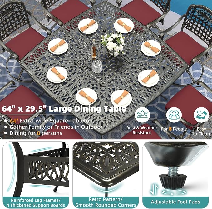 MEETWARM 9-Piece Outdoor Patio Dining Set, All Weather Cast Aluminum Patio Funiture Table and Chairs Set- Large 64" Square Table and 8 Cushioned Swivel Rocker Chairs for Garden, Umbrella Hole, Red