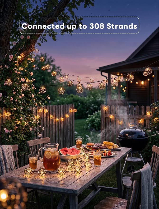 LED Outdoor Patio Lights, Beaded Copper Wire Ball Style Lantern Lights | 10 LED Wire Ball Light, 8.5FT Connectable Boho Lantern String Lights for Yard Garden Bistro Campings Porch Party Backyard