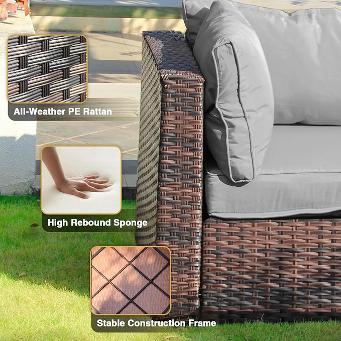 7 Pieces Patio Furniture Set with 44" Fire Pit Table, Rattan Outdoor Sectional Conversation Sets, All Weather Outdoor Furniture Set with Cushions for Garden Lawn Balcony Porch Deck, Grey