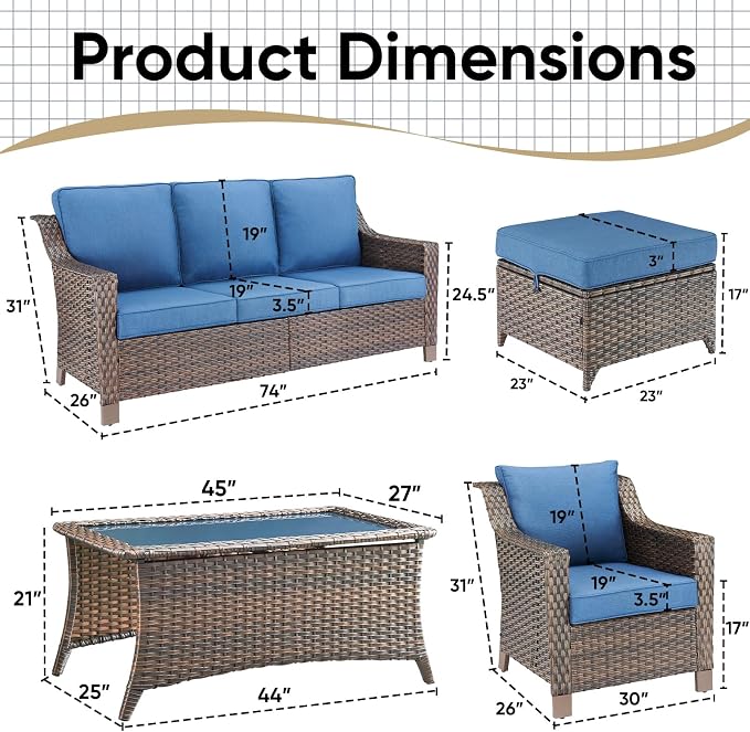 6 Pieces Outdoor Patio Furniture-High Back Rattan Wicker Couch with Outdoor Chairs Patio Conversation Sets for Porch Garden Backyard Poolside-Brown/Blue