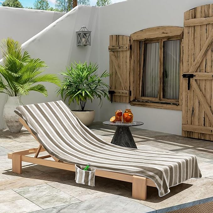 Lounge Chaise Chair Towel Cover - 1 Pc Ultra Plush & Absorbent Micro Fleece Towel Cover for Pool,Beach,Outdoor(Garden,Courtyard) | Faster Drying, Non-Slip, 2 Side Pockets | 85" x 30" - Brown