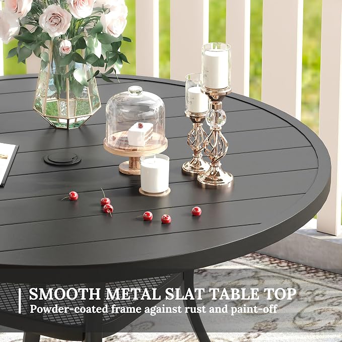 VICLLAX Patio Dining Set for 6, 7 Pieces Outdoor Furniture Includes 47.2" Round Patio Table with Umbrella Hole and 6 Outdoor Swivel Chairs for Lawn Garden, Black Tabletop and Dark Grey Fabric