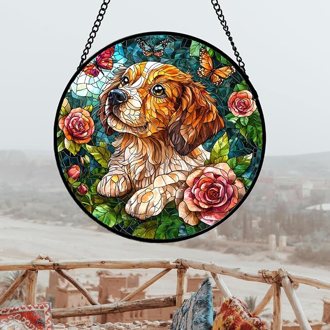 DASTOLL Stained Glass Window Hanging, Dog and Rose Suncatcher for Doors Home Butterfly Sun Catchers Decoration and Christmas, Mother's Day Birthday Gifts for Women, Men, and Mom 14.9x14.9 in
