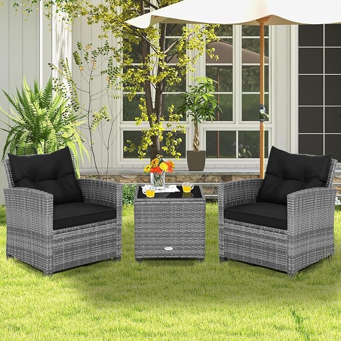 LDAILY Patio Furniture Set, 3 Pieces PE Rattan Wicker Patio Sofa Chairs with Washable Cushion & Glass Table, Outdoor Furniture Conversation Sets for Porch, Balcony, Garden, Poolside (Black)