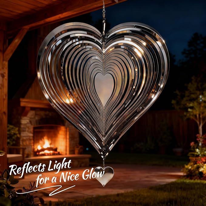Wind Spinner 12-Inch Garden & Yard Decor, Birthday Gift for Mom | Hanging Yard Art, Garden Decoration for Outdoor and Indoor, Birthday Gift for Women, 3D Heart, Stainless Steel, 2 Pack
