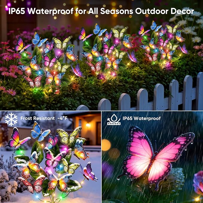 Solar Lights Outdoor Garden Decor: 4 Pack 68 Silk Butterflies with 88 Color-Changing LEDs - Auto On/Off 12H Magical Lighting IP65 Waterproof for Yard Patio Pathway - Unique Gifts for Mom Grandma