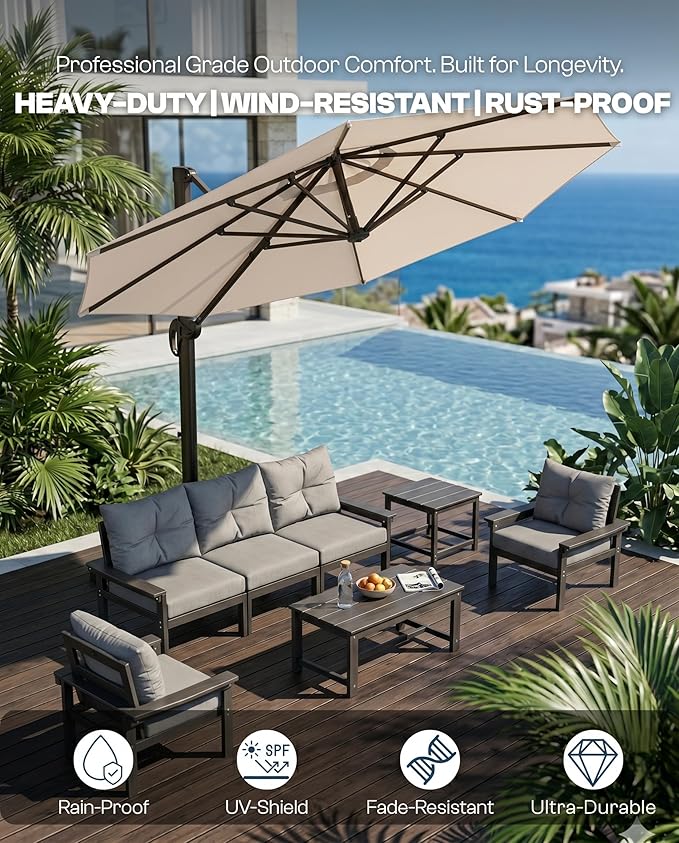 10 FT Round Cantilever Umbrella,Easy Tilt, Fade Resistant & 360° Rotation, Offset for Pool Deck Backyard Patiobeige (Base not Included)