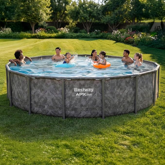 Bestway APX 365 16' x 48" Above Ground Pool, Round Metal Frame Outdoor Swimming Pool Set with Sand Filter Pump, Ladder, and Cover, Dark Marble