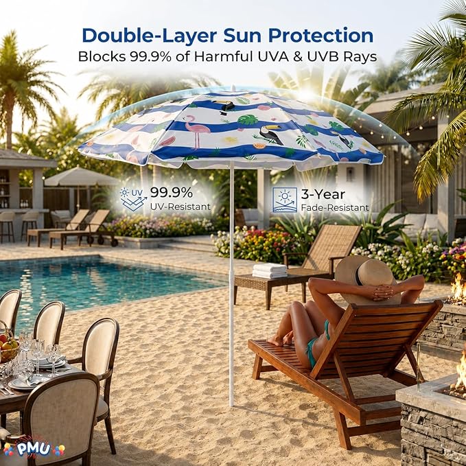 PMU 6ft Tropical Beach Umbrella – Blue & White Stripes with Flamingo, Toucan & Leaf Print, 72in Open, 160G Polyester, Large Outdoor Patio Pool Parasol Umbrella for Garden, Deck, Backyard & Pool