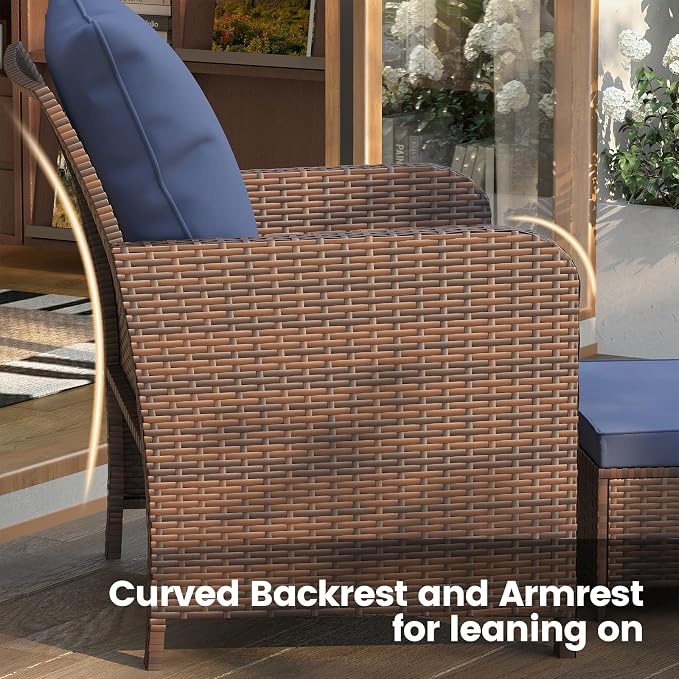 UDPATIO Balcony Furniture Patio Chairs with Hidden Ottoman 5 Piece Patio Furniture Set with Side Table for Front Porch, Blue Cushion