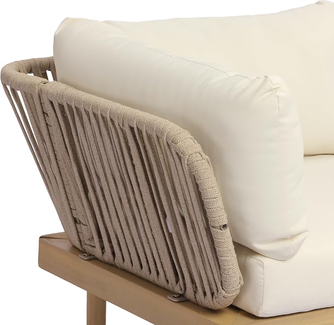 Christopher Knight Home Joan 7 Piece Patio Furniture Set with Slatted Coffee Table, Outdoor Sofa Set with Rope Back & Cushions, Acacia Wood Sectional Conversation Set, Beige+Cream+Light Teak