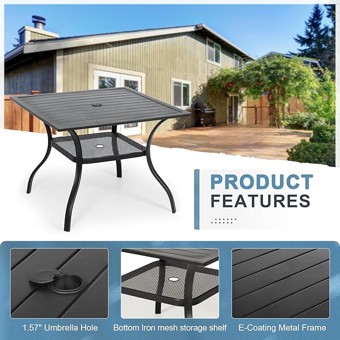 Crownland 5 Piece Patio Dining Set, Textilene Dining Sets, 4 Textilene Metal Chairs and Square Outdoor Dining Table with Sky Blue 9FT Round Outdoor Umbrella (Grey)