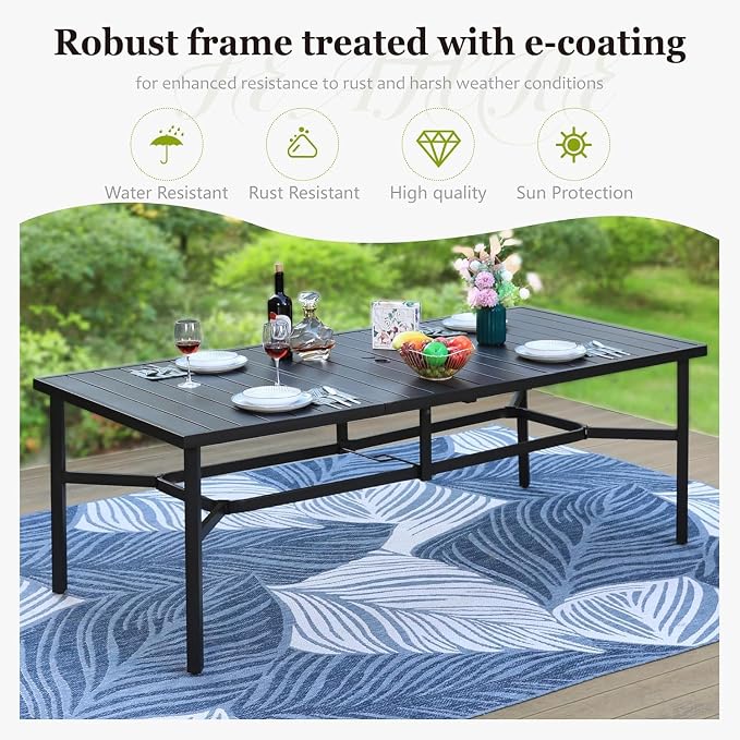 HERA'S HOUSE 9pc Patio Dining Set, 83" Metal Table & Swivel Rattan Chairs | Rectangle table with umbrella hole, 8 cushioned chairs. Waterproof, rust-resistant, all-weather for backyard, porch.
