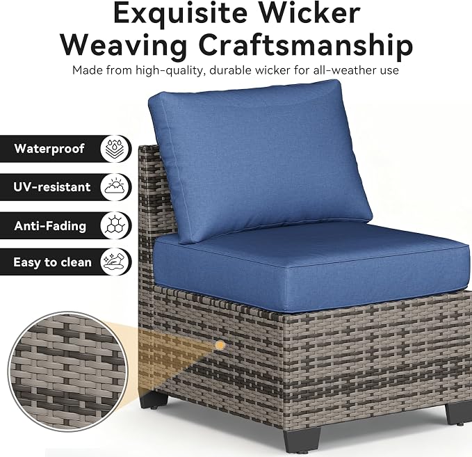 Aoxun Outdoor Patio Furniture Set with 44'' Fire Pit Table, 7 Pcs Outdoor Patio Furniture Sets with 4in Thicken Cushion, Widen Armrests Wicker Outdoor Sectional for Backyard, Navy Blue