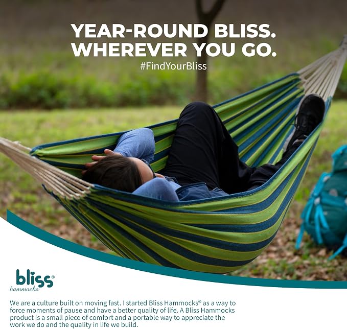 Bliss Hammocks 40" W Single Outdoor Hammock with Universal Multi-Loop Suspension with "S" Hooks, Durable, Cotton/Polyester, 220 Lbs Capacity, Mediterranean