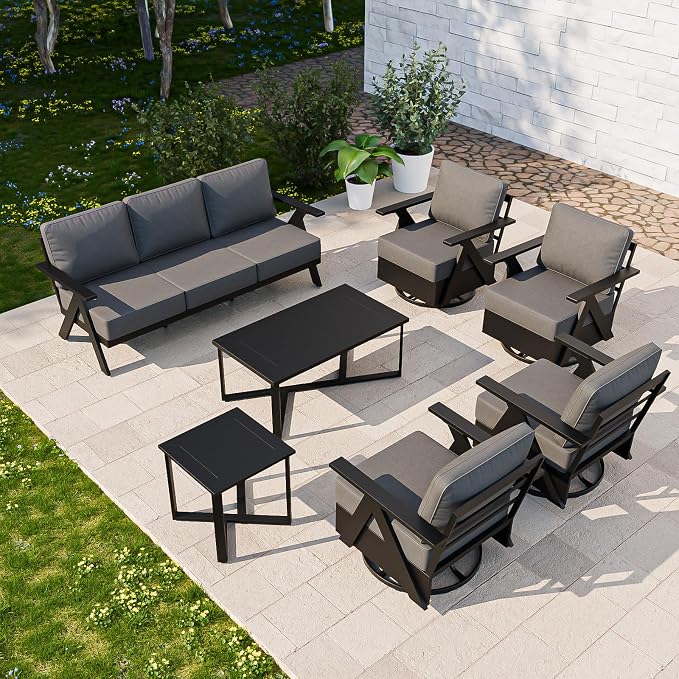 COOS BAY Iron Luxe 7 Piece Outdoor Patio Furniture Set, Modern Patio Conversation Set with 4 Swivel Rocking Chairs, a 3 Seat Couch, Coffee Table & Side Table for Deck, Garden, Porch, Black/Gray