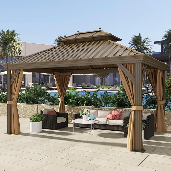 DWVO 12x14 ft Hardtop Gazebo Outdoor Heavy Duty Aluminum Gazebo with Nettings and Curtains, Combined of Horizontal and Vertical Stripes Roof for Patio, Backyard, Deck, Lawns and Balcony, Bronze