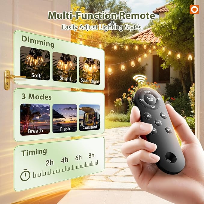 addlon 54(48+6)FT Solar String Lights Waterproof, with Remote& USB 24+2 LED | Shatterproof Bulbs Patio Lights Solar Powered, 3 Lighting Modes, Outdoor Lights for Camping Backyard Garden