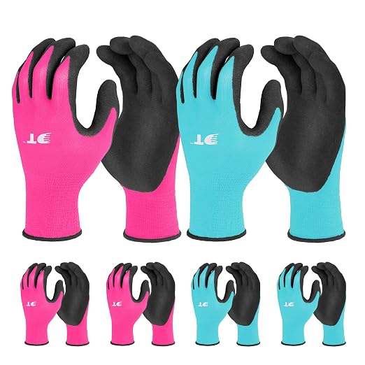 DURATECH DT 6 Pairs Garden Gloves Medium | Work Gloves with Latex Coating, Pink & Blue, Medium, for Gardening, Yard Work