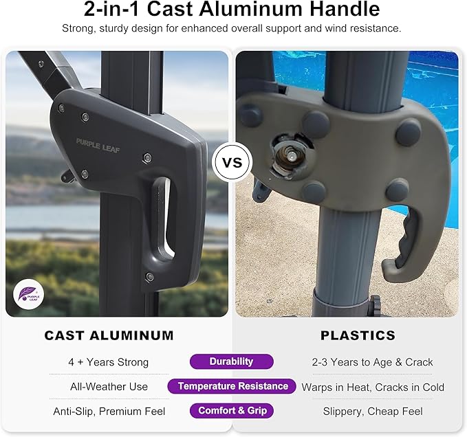 PURPLE LEAF 10 FT Outdoor Umbrella with Base Patio Cantilever Aluminum Umbrella with 3 Years Fade Resistance Recycled Fabric Offset Square with 360-degree Rotation for Deck Pool Garden, Pebble Grey