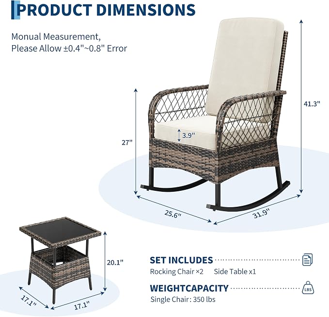 Outdoor Wicker Rocking Chair Set of 3 Pieces, Patio Furniture with Rattan Rocker Chairs, Glass-Top Coffee Table and Beige Washable Cushions for Garden, Balcony, Porch (Brown Wicker & Beige Cushions)