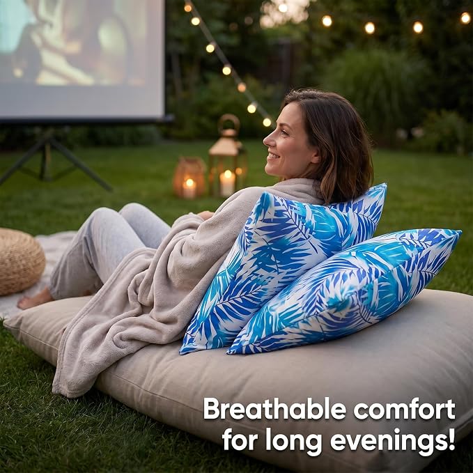 Outdoor Pillow Covers Waterproof Summer Decorative Throw Pillow Covers Blue Tropical Leaf Couch Covers 18x18 Set of 2 Square Outdoor Cushion Home Decor for Patio Furniture Garden Tent Balcony Bench