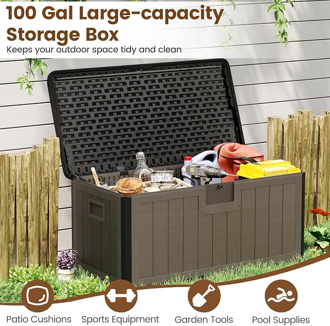 Giantex 100 Gallon Deck Box, Waterproof Resin Box with Lockable Lid, 440Lbs Outdoor HDPE Storage Container Bench for Patio Furniture Cushions, Pool Tools & Garden Accessories (Black+Brown)