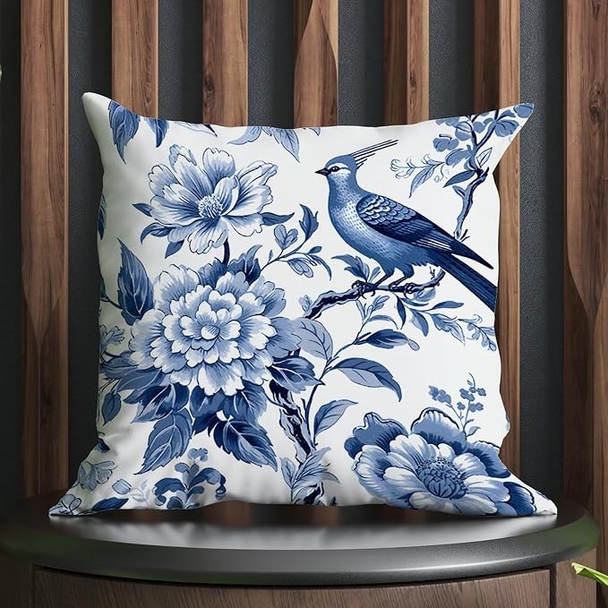 Blue Indigo Floral Chinoiserie Cushion Cases Asian Navy Lotus Bird Throw Pillow Cover Farmhouse Outdoor Waterproof Decorative Pillow Cover for Patio Funiture Garden 16x16 in