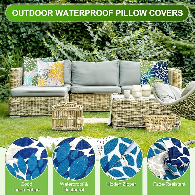 M METERXITY 2-Pack Pillow Cover 17x17 Linen, Blue Green Gray | Water Resistant Floral Decor Slipcover, for Patio, Balcony, Garden, Outdoor Pillow Case