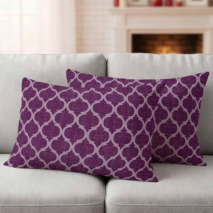 Dark Purple Moroccan Outdoor Pillow Covers 20x12 Inch Lumbar Pillow Covers Set of 2 Waterproof Decorative Throw Pillow Cases Country Abstract Quatrefoil Lattice Cushion Covers for Patio Furniture
