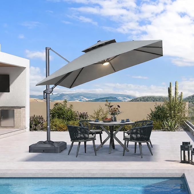 PURPLE LEAF 10 FT Cantilever Umbrella Outdoor Patio Umbrella with Light, Large Offset Square Umbrella, Windproof Heavy Duty Hanging Outside Umbrellas for Patio, Pebble Grey