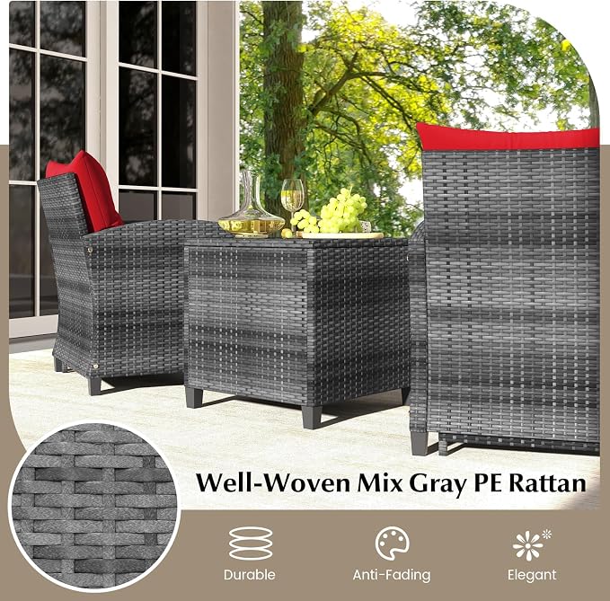 Tangkula 5 Pieces Patio Conversation Set, PE Wicker Rattan Outdoor Furniture Set with 2 Chairs, 2 Ottomans & Tempered Glass Coffee Table, Ideal for Poolside, Backyard, Lawn, Deck, Mix Grey & Red