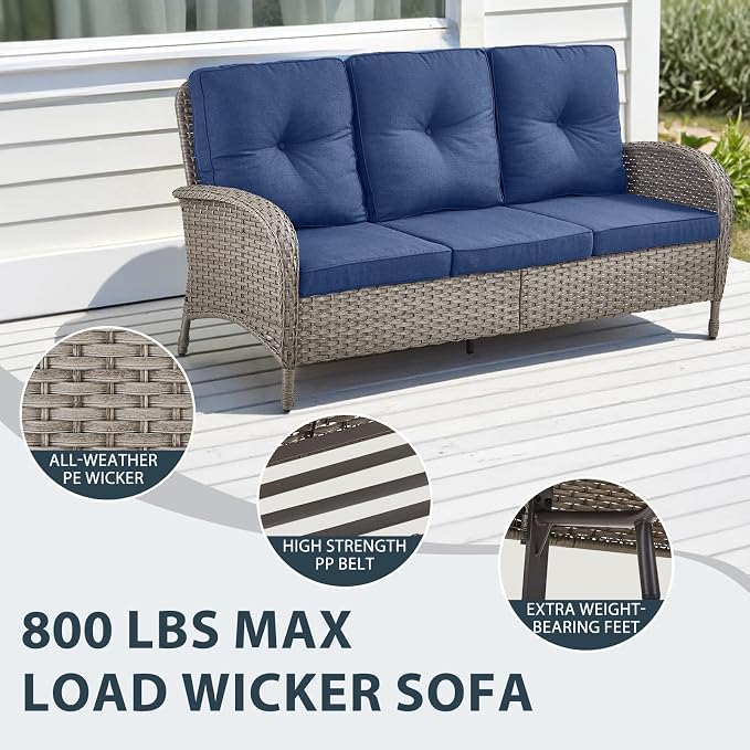 5 Piece Patio Furniture Set with Fire Pit Table - Wicker Patio Conversation Set with Swivel Glider, 3-Seat Sofa, Tempered Glass Side Table for Deck Backyard - Grey Wicker Blue Cushion