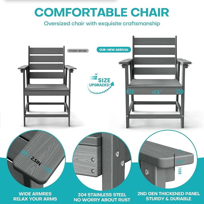 5 Piece Patio Dining Set, HDPE All-Weather Furniture with 4 Chairs & 1 Square Table, for Backyard, Garden, Garden, Gray