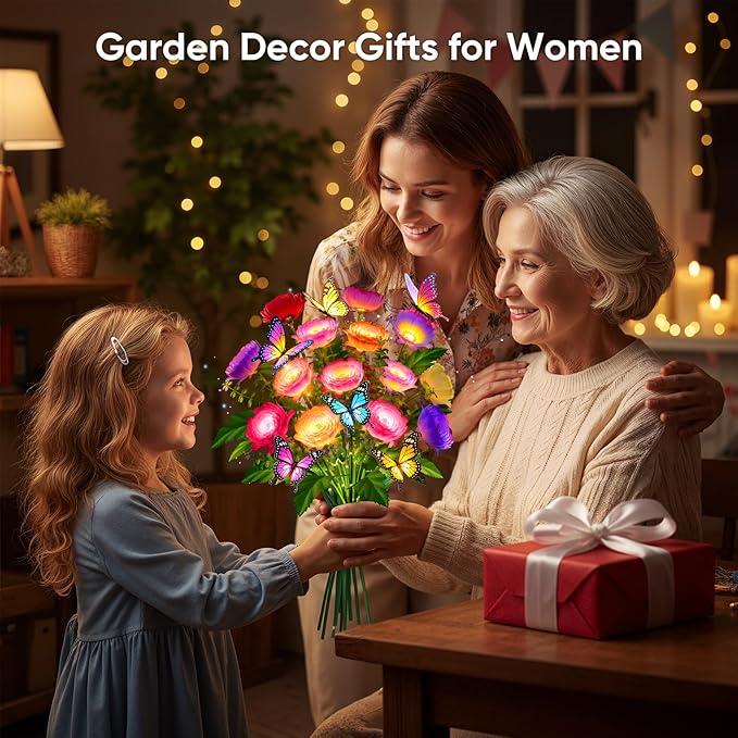 Solar Flowers Lights Outdoor Waterproof: 3 Pack LED Solar Lights Decorative for Outside Garden Decor with Butterfly Auto-On/Off for Yard Landscape Lighting, Gifts for Mom Gardening Enthusiasts