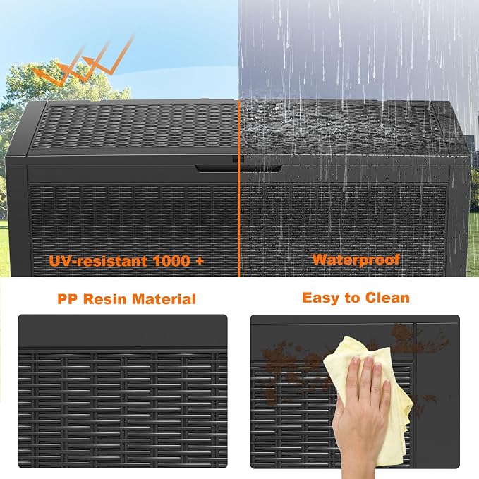 PatioZen 120 Gallon Deck Boxes Outdoor Waterproof, Weatherproof Outdoor Storage Boxes Lockable for Patio Furniture, Pool Supplies,Garden Tools(Black)