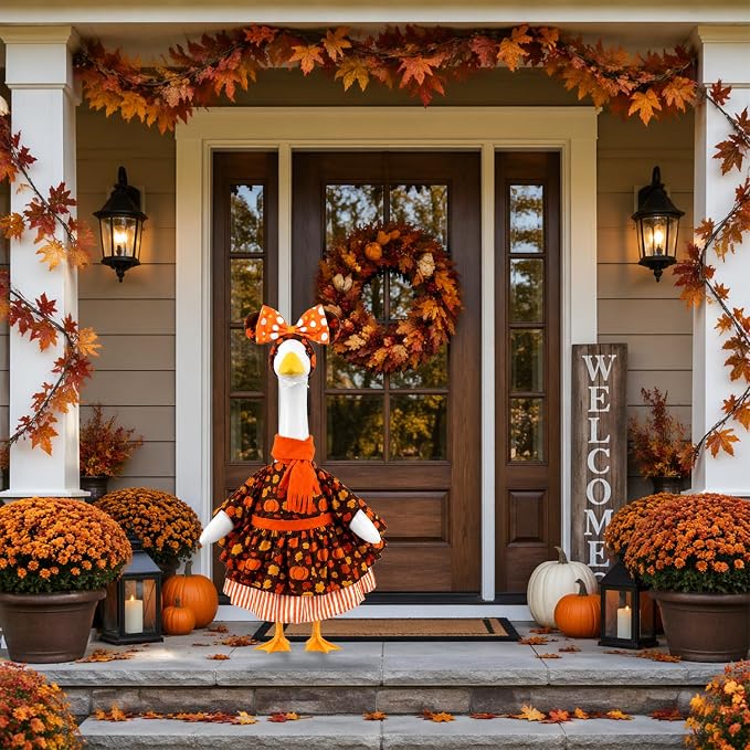 Fall Pumpkins Porch Goose Outfits Autumn Goose Costume for Outdoor Decor | for 23 Inch Lawn Plastic/Cement Statues, Harvest Autumn Sculpture Clothes for Garden Yard Patio Decoration