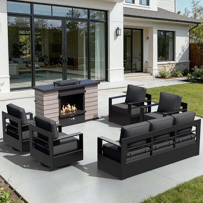 Outdoor Aluminum Furniture Set, 6-Piece Patio Conversation Set, 2 Swivel Chairs, 2 Chairs,1 Sofa and 1 Fireplace, All-Weather Metal Frame, 6" Thick Removable Cushions, Deep Setting for Porch